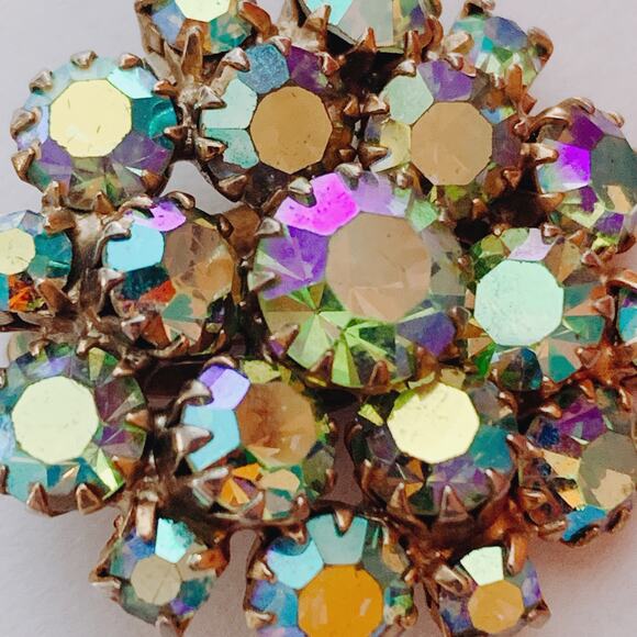 VTG Mid Century Earrings AB Rhinestone Cluster Clip On Gold Tone 1950s 60s - Picture 11 of 16